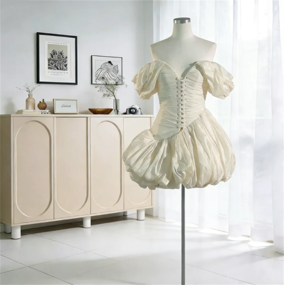

Sexy Short Cocktail Party Gowns Off Shoulder Pleats Puffy Prom Dress Backless Satin Ball Dresses Customized