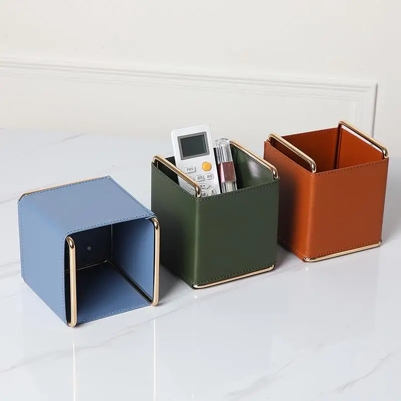 Nordic Style Leather Cosmetic Remote Controller Organizer Box Desktop Storage Tray Makeup Brush Holder Decorative Ornament
