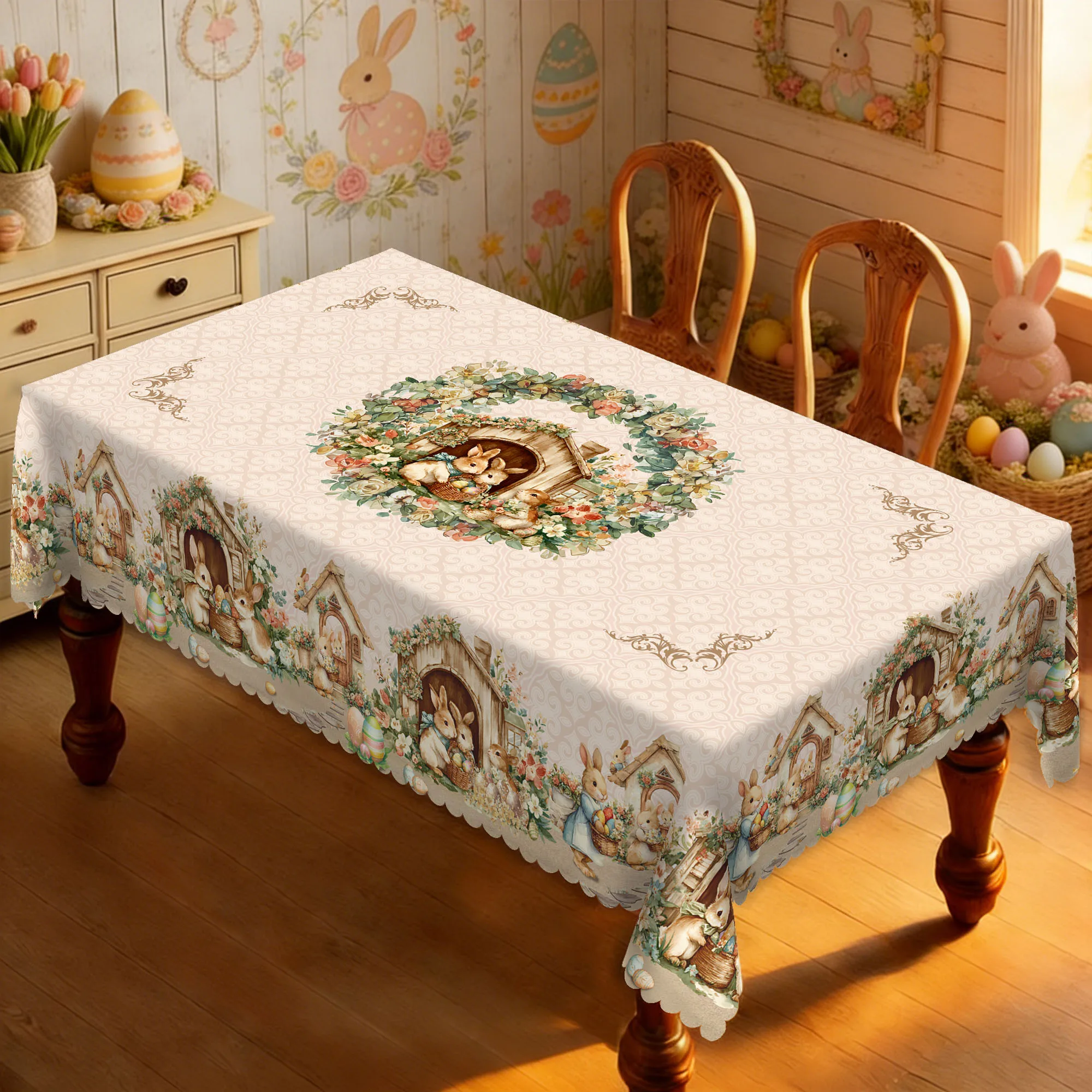 1 Piece of Easter Round and Rectangular Tablecloth, Available in 5 Sizes, with a Spring Floral Arrangement Woven in the Center, Paired with a Warm Bunny House and Cute Bunny Holding an Egg Print Round Tablecloth, with Embossed Edges, Easter Home Decoration, Suitable for Family Dining Tables, Patio Parties, Etc., Easter Season Decoration, Spring Party Decoration Gift
