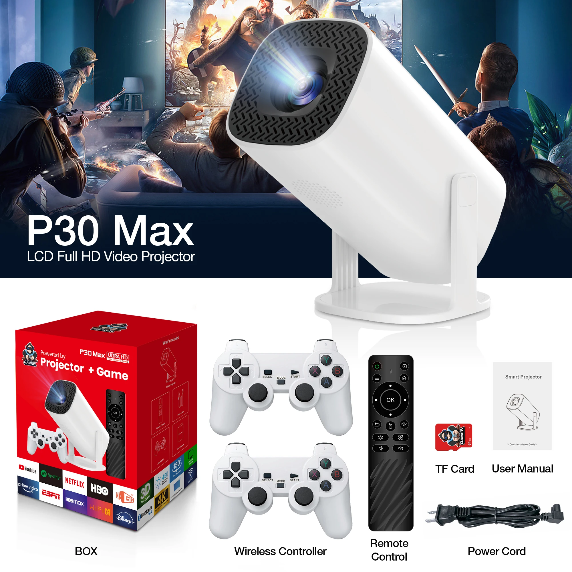 Salange-Proyector P30 Max, 4K, HD, 1080P, Bluetooth, Android 11, con 2 Controladores de juego inalámbricos, 3000 juegos integrados