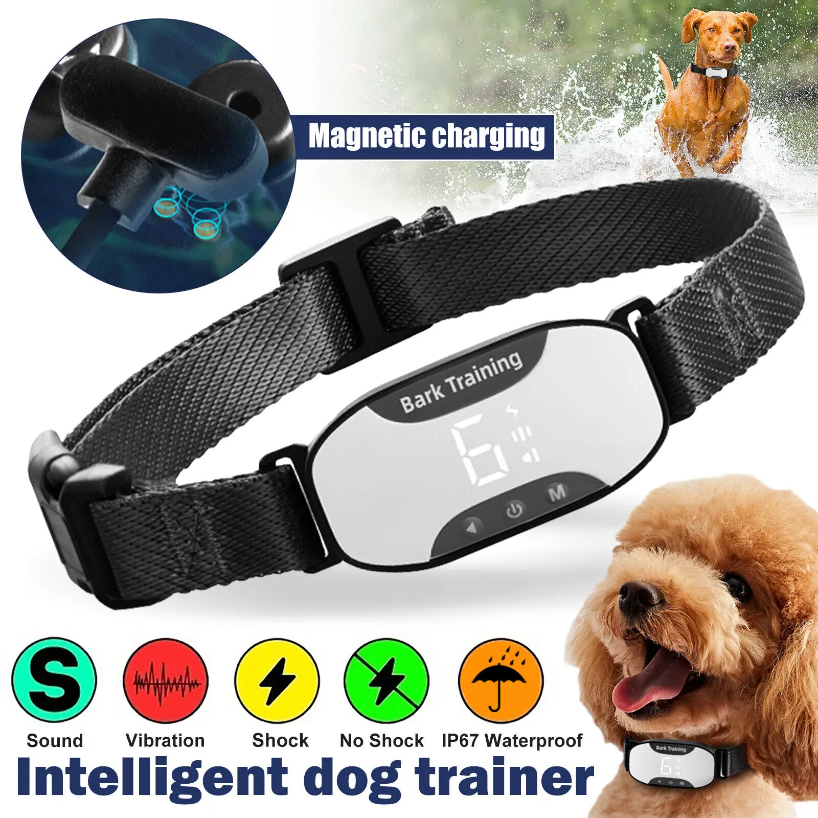 

Anti bark dog collar Electric shock Vibration sound with LED for small large dogs no barking training collar dog accessories