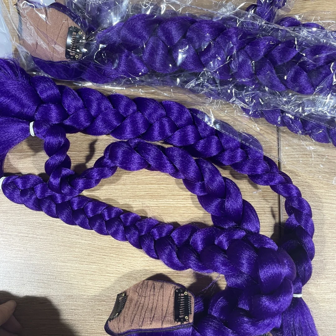 KPop 데몬 헌터즈 루미 코스튬 헤어스타일 26인치 롱 포니테일 가발 클립 포함 합성 브레이드 퍼플 헤어 어린이 소녀용