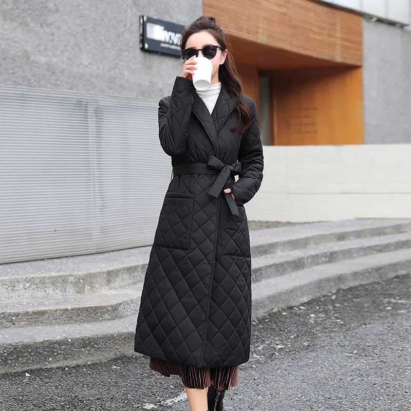 Winter Jacket Women 2025 New Fashion Belted Space Diamond Plaid Parkas Female Casual Long Over Knee  Down Cotton Coat Clothing