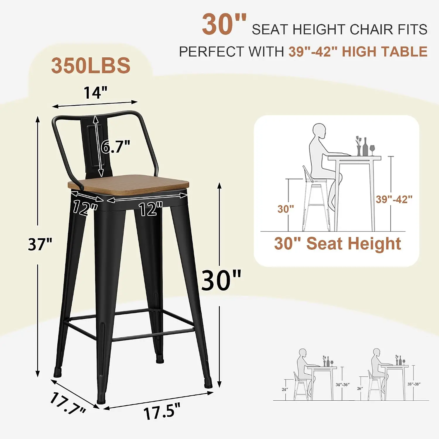 Swivel Bar Stools Set of 4 Counter Height Metal Bar Stools with Low Back Industrial Barstools for Kitchen Island (Black, 30 Inch 4 PCS)