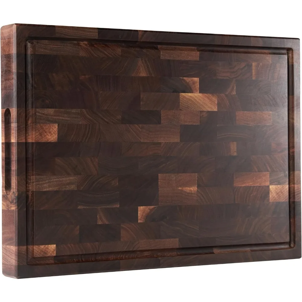 

American Dark Walnut Wood Cutting Board 17x12x1.6 for Kitchen with Juice Groove, Inner Handles, Gift Box Packaging and End Grain