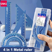 Deli 4in 1 Metal Ruler Stationery Set Aluminum Alloy Multifunctional Combination Ruler Triangle Protractor Alloy Drawing Gift