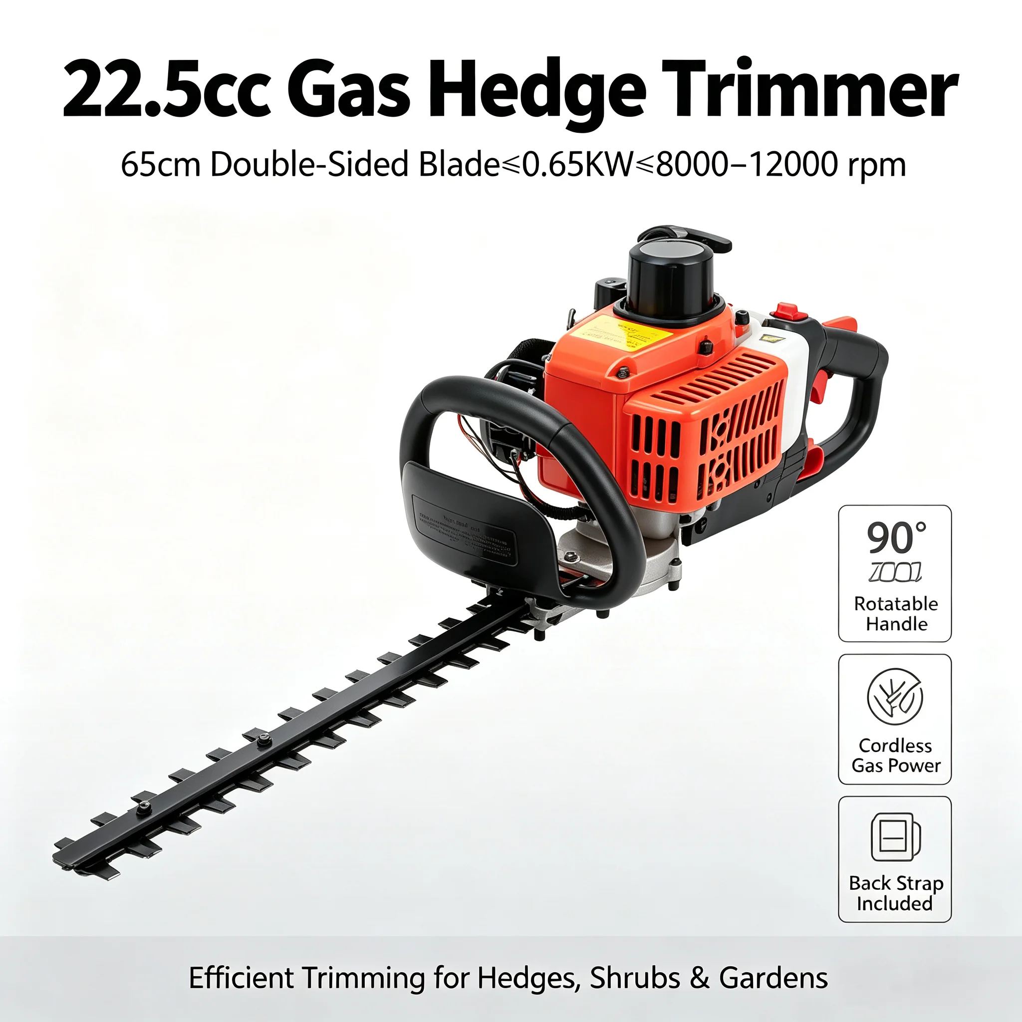 22.5cc 0.65KW Gas Powered Double-Edged Hedge Trimmer 25.59in Blade 8000-12000RPM, 2-Stroke Engine Handheld Bush Cutter with 90° Rotating Handle 0.16Gal Tank Shock Absorber, Back Strap Gloves Glasses Kit for Garden Pruning Tea Harvesting Landscaping