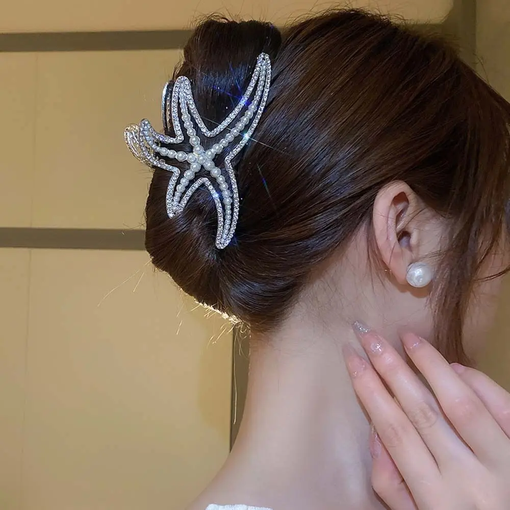 Korean Rhinestone Star Hair Claw Pearl Starfish Shark Clip GeometricZircon Hollow Hair Clips Large Size Ponytail Holder Headwaer