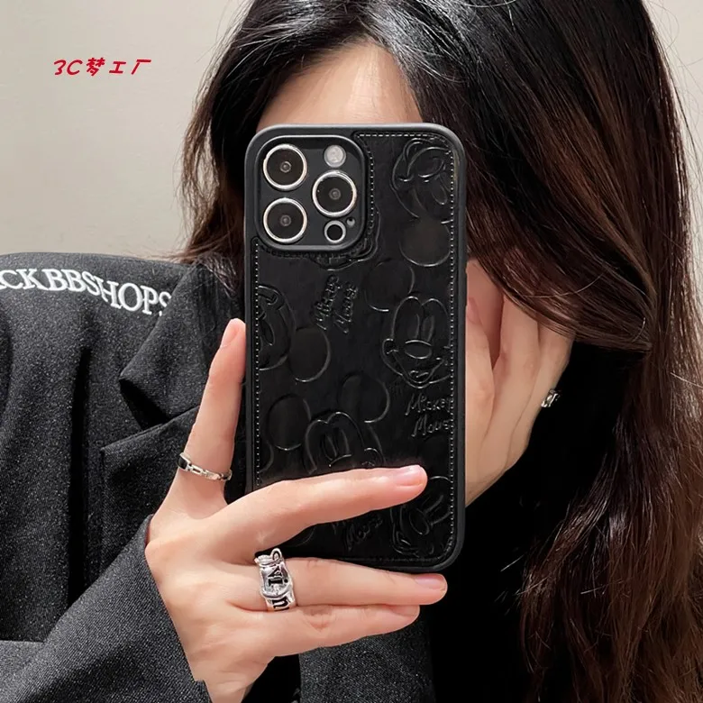 Cartoon Leather Texture Embossed Disney Mickey Mouse Shockproof Phone Case for iPhone 16 15 14 13 12 11 Pro Max Protective Cover