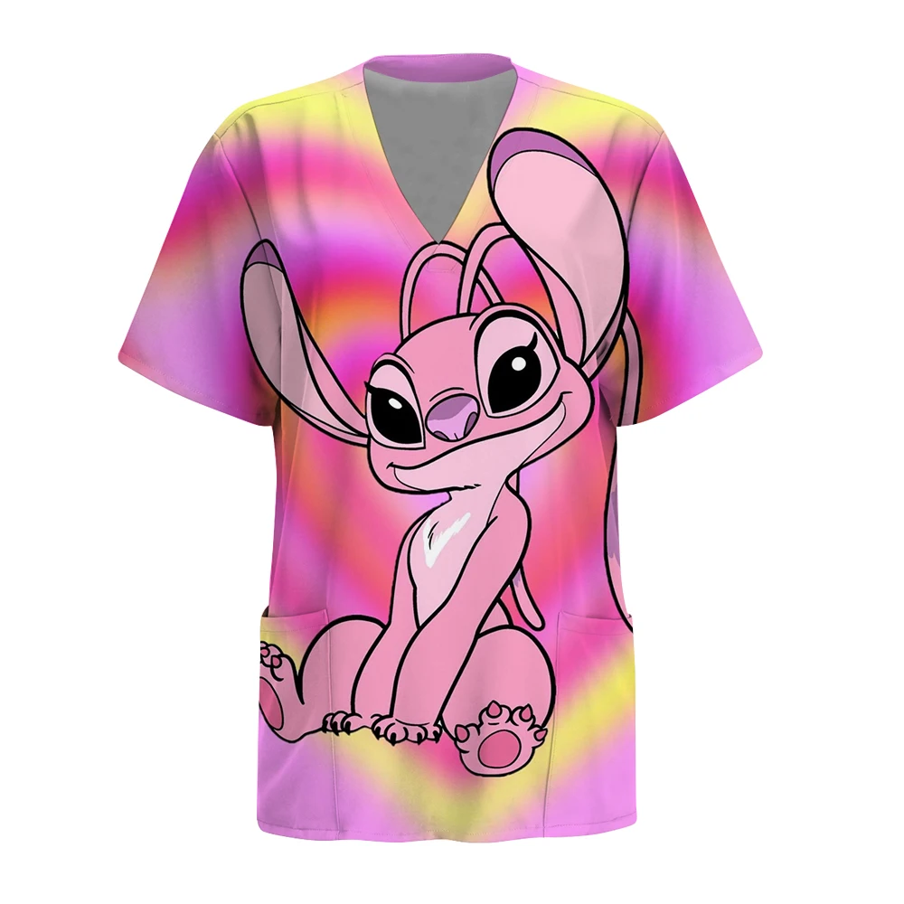 

Uniforms Women Medical Elegant Disney Stitch print Obstetrics Medico Top Fashion Short Sleeve with Pocket Clinical Uniforms Woma