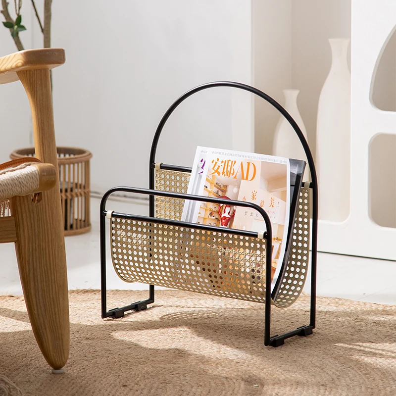 Modern Rattan-Inspired Metal Magazine Rack Minimalist Woven Texture Office Bookshelf Multi-Purpose Storage Organizer