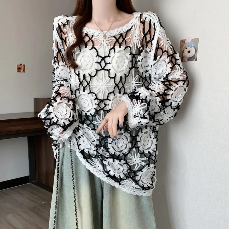 Suéter de malha de crochê com margaridas, manga longa, transparente, malha aberta, pulôver para mulheres, adolescentes, saída boho, roupa de praia