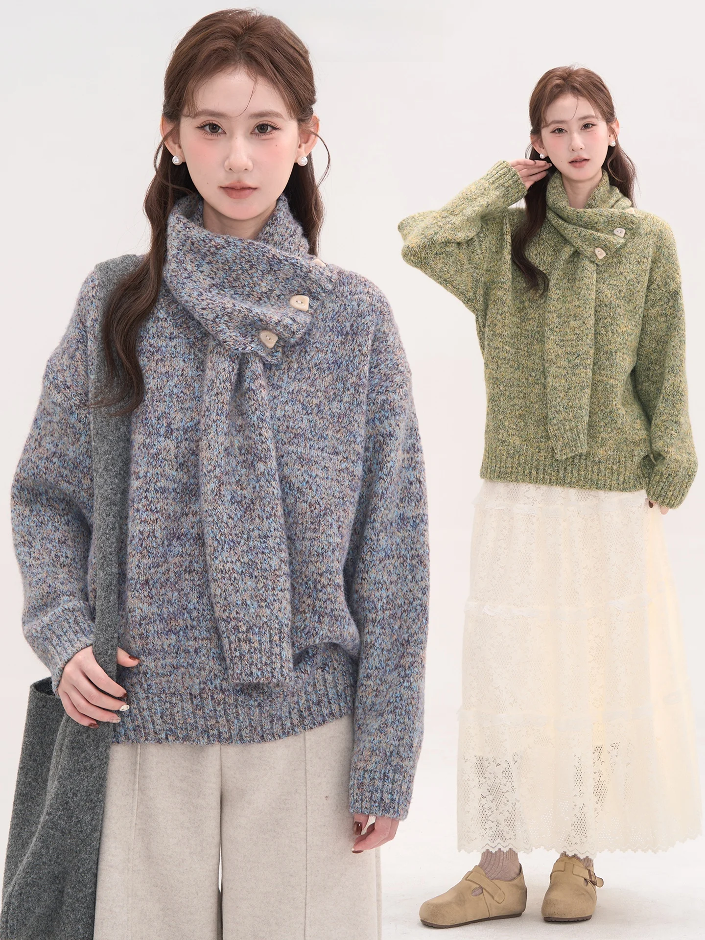 

Теплый вязаный свитер-жилет женский с V-образным вырезом, теплый шарф, смесь нейлона, полиэстера и шерсти, осенне-зимняя мода