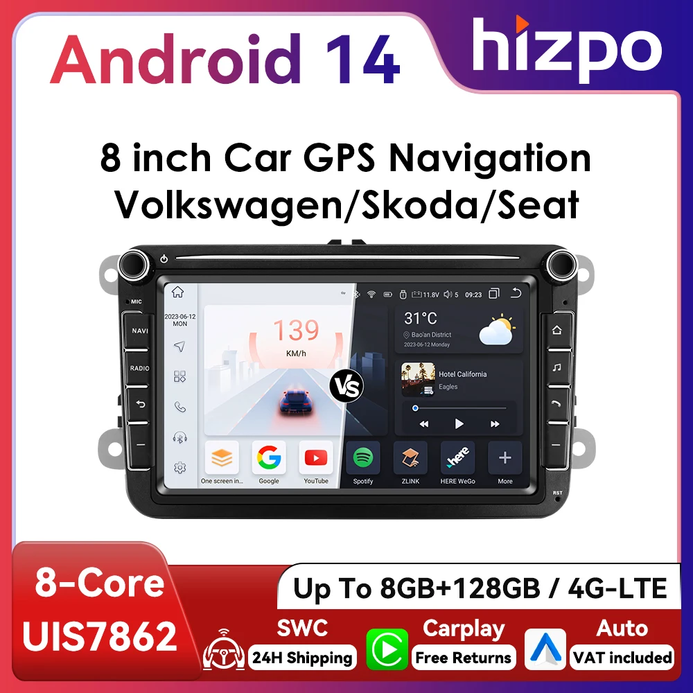 Hizpo 8-Zoll 2Din Android Autoradio für VW Skoda Octavia Golf 5 Touran Passat B6 Polo Jetta Amarok Volkswagen Auto BT 4G CarPlay WiFi RDS DSP GPS-Navigation