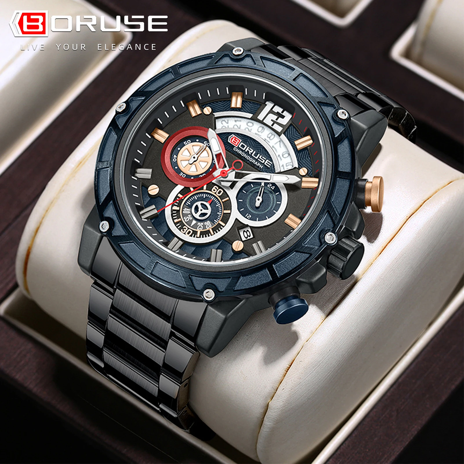 BORUSE Men Fashion Sports Watches Brand Luxury Stainless Steel Sport Watch Men Quartz Clock Waterproof Wristwatch Luminous Clock