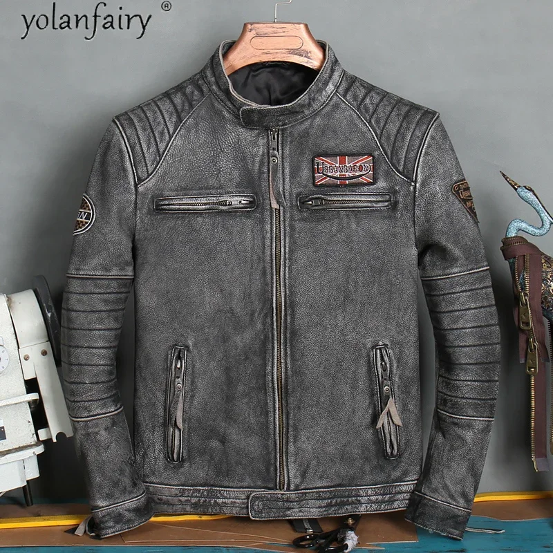 Genuine Cow Leather Jacket Men Vintage 100% Cow Leather Coat Short Biker Motorcycle Jacket Embroidered Men\'s Jackets XP680NP KJ