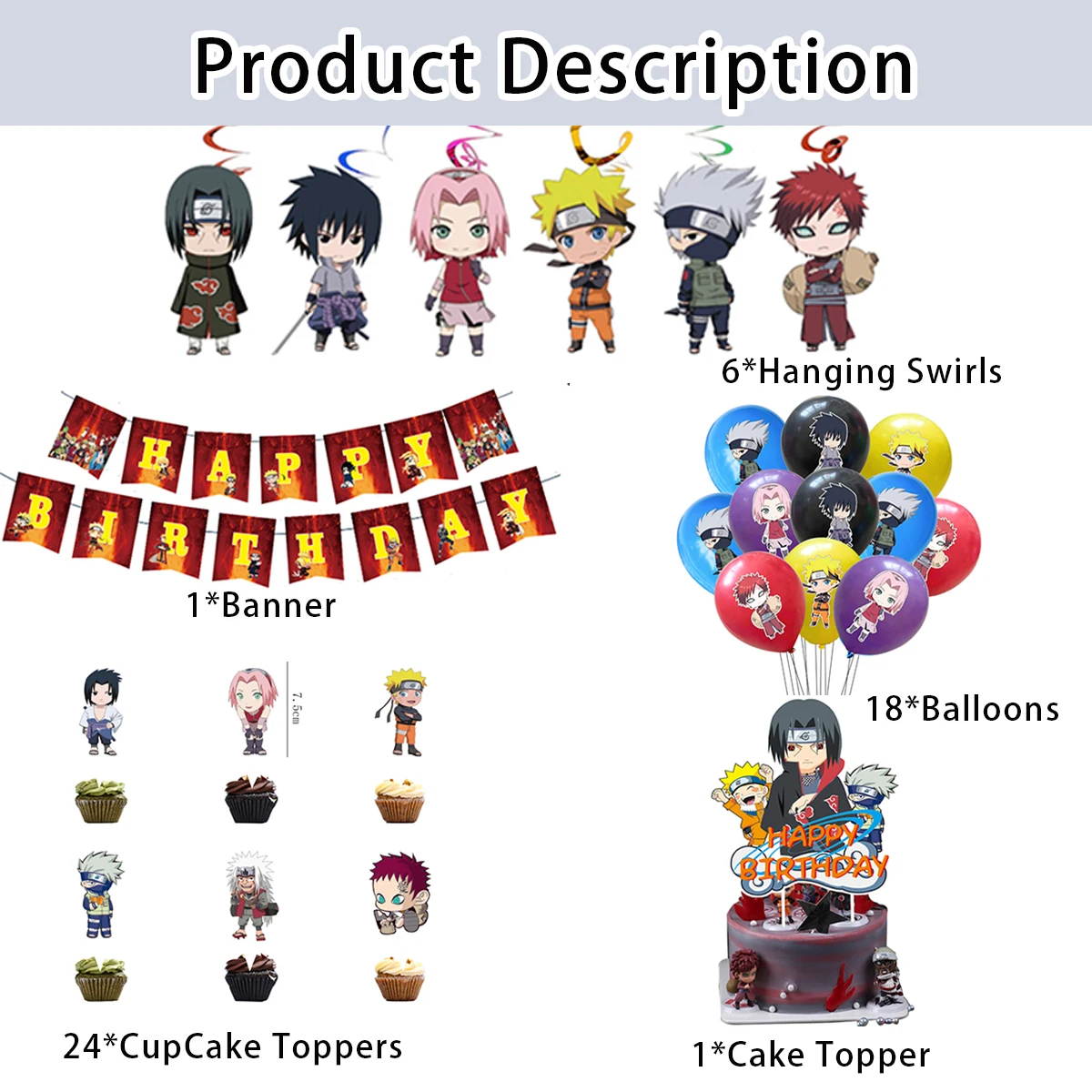 KAYOU Naruto Theme Birthday Party Decoration Riman Flag Cake Insert Card Balloon Spiral Charm Party Arrangement Interior Decorat