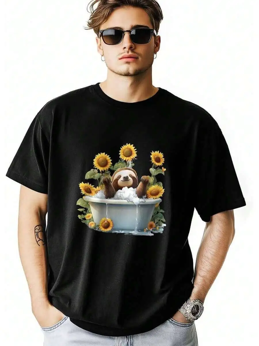 T Shirt For Men Funny Sloth Sunflower Short Sleeve Crew Neck Tee Tops Graphic T-Shirts 100% Cotton Trendy Y2K Short-Sleeve