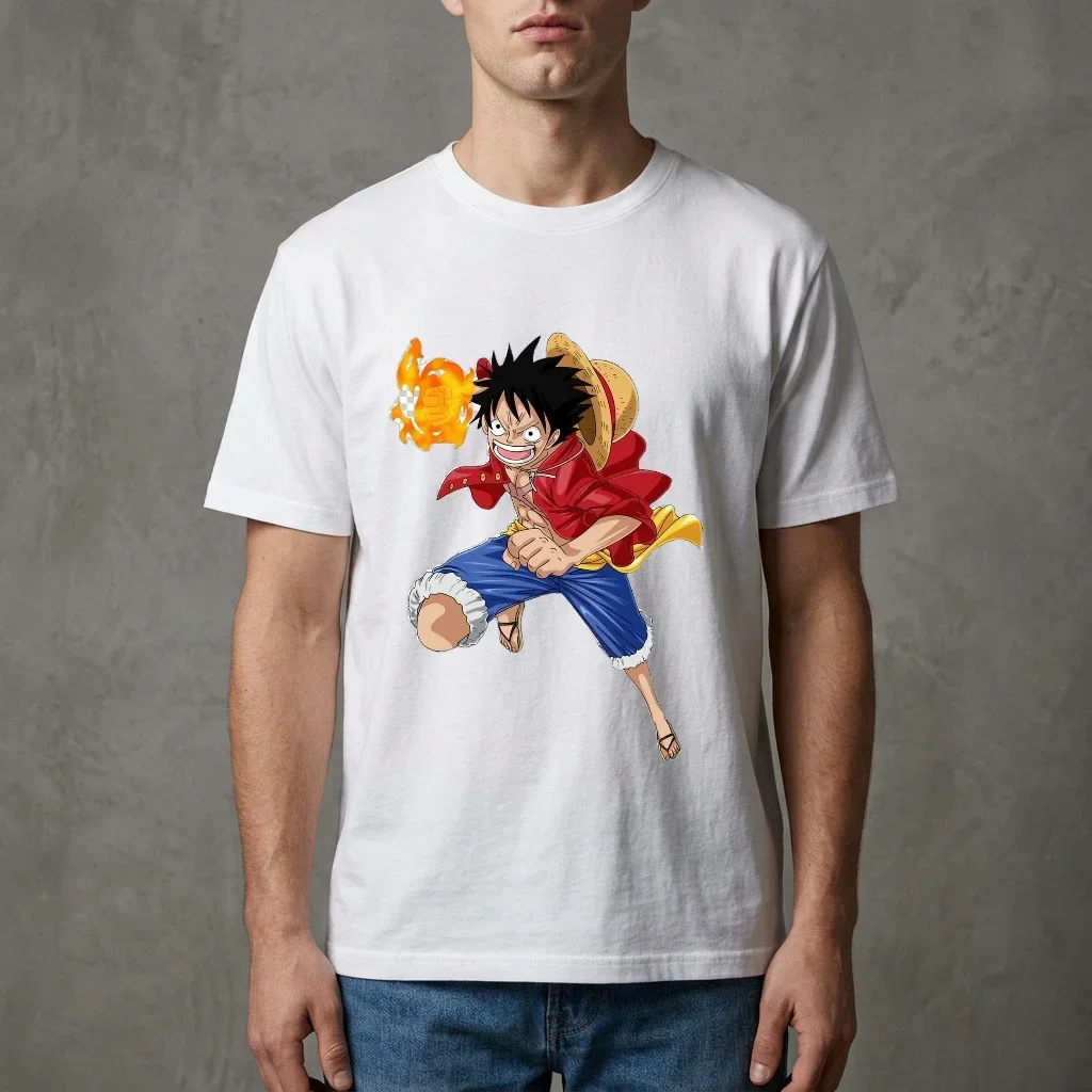 Men's Kids High - Quality Breathable Fabric Fashion T - Shirt, One Piece Monkey D. Luffy Battle Pose Fire Effect Graphic Print