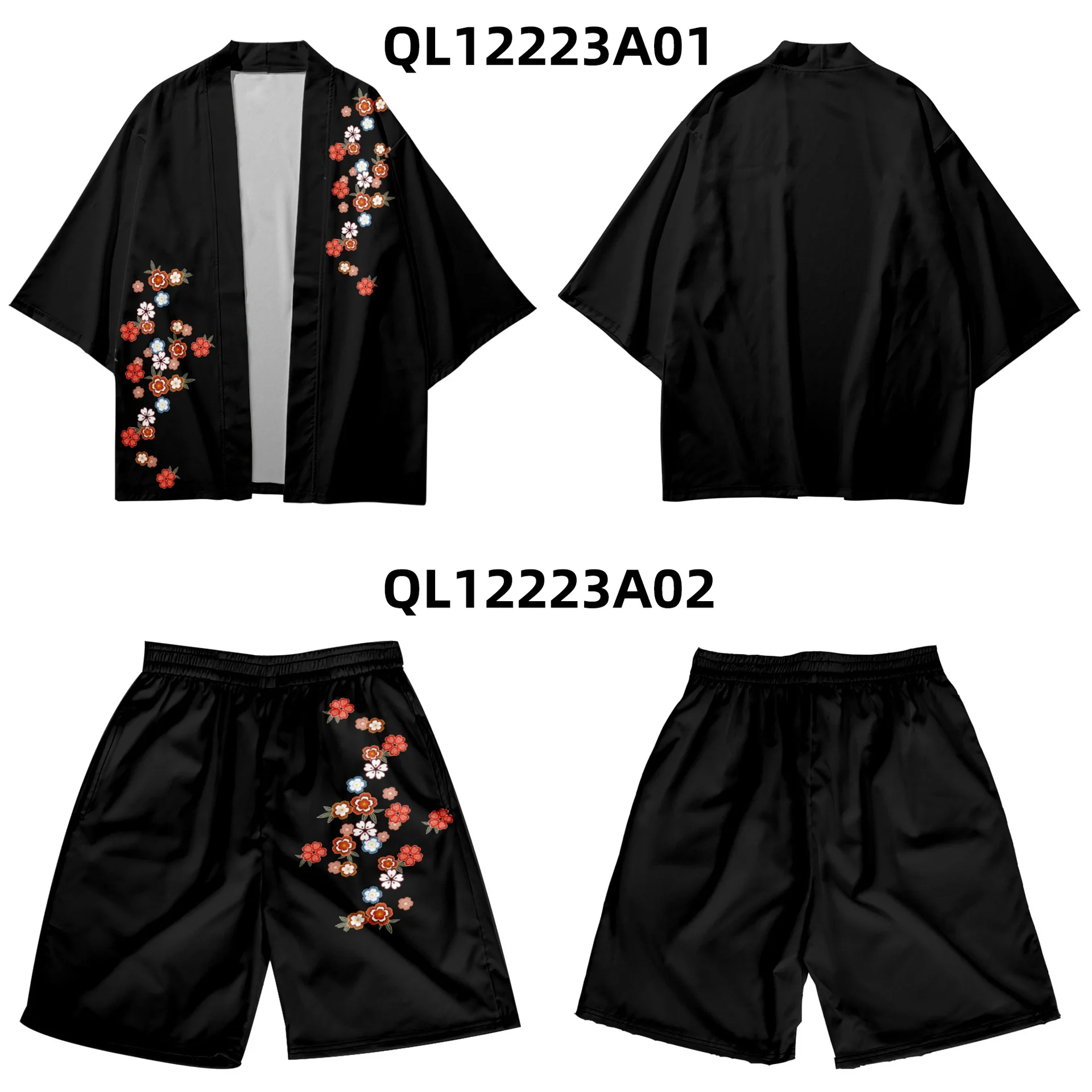 

Black Fashion Flower Print Harajuku Kimono Shorts Sets Two-piece Suit Yukata Japanese Traditional Cardigan Women Men Haori