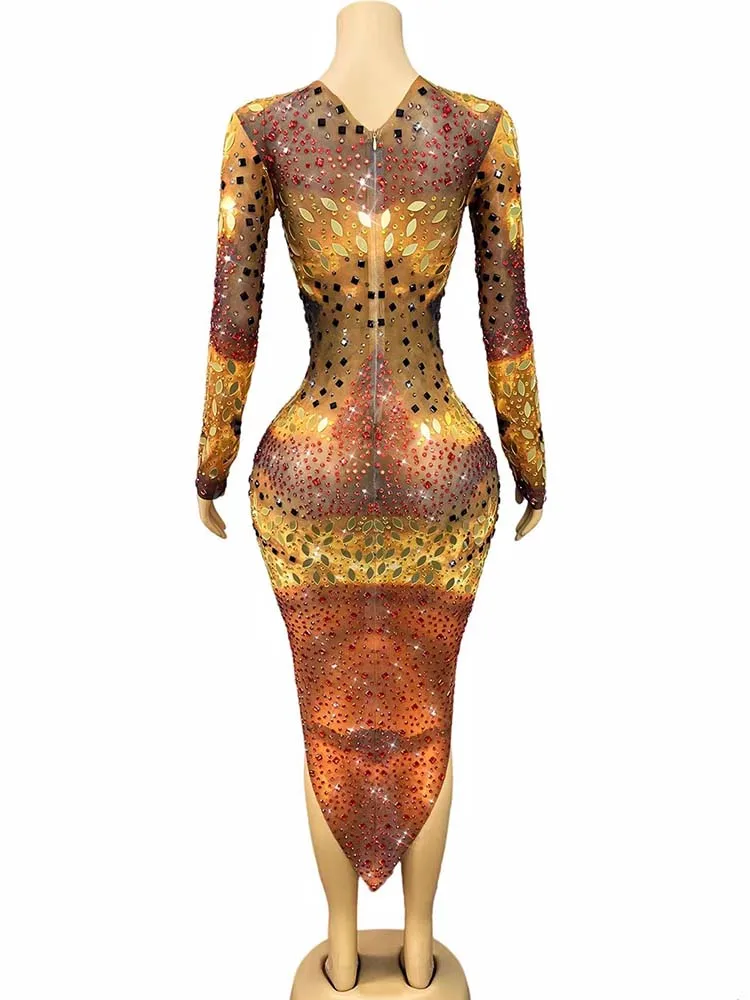 Hoge kwaliteit strass spiegel glitter onregelmatige rok elastische jurk 2025, nieuwe mode aangepaste dameskleding