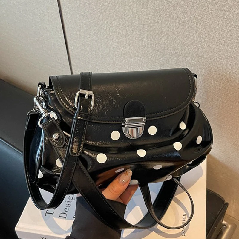 Autumn Winter Retro Polka Dot Crossbody Bag Light Luxury High-end Shoulder Bag Korean Elegant Lock Closure Flap Pleated Handbag