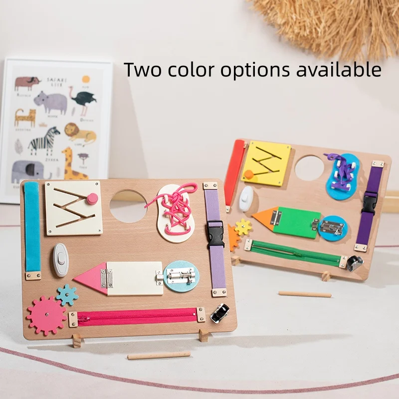 Planche d'apprentissage des compétences de vie en bois Deux options de couleurs Différents engrenages à fermeture éclair Les enfants trouveront pratiquer des compétences pratiques super amusantes