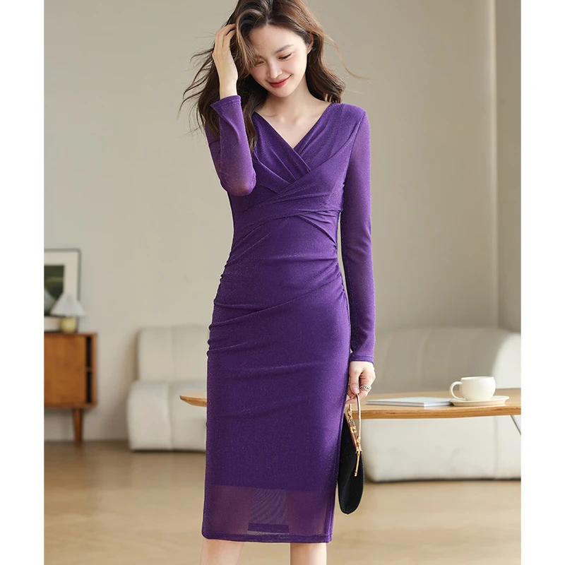 Coigarsam Women Dress 2024 New Solid Long Sleeve Mesh High Waist Folds V-Neck Black Purple Dresses