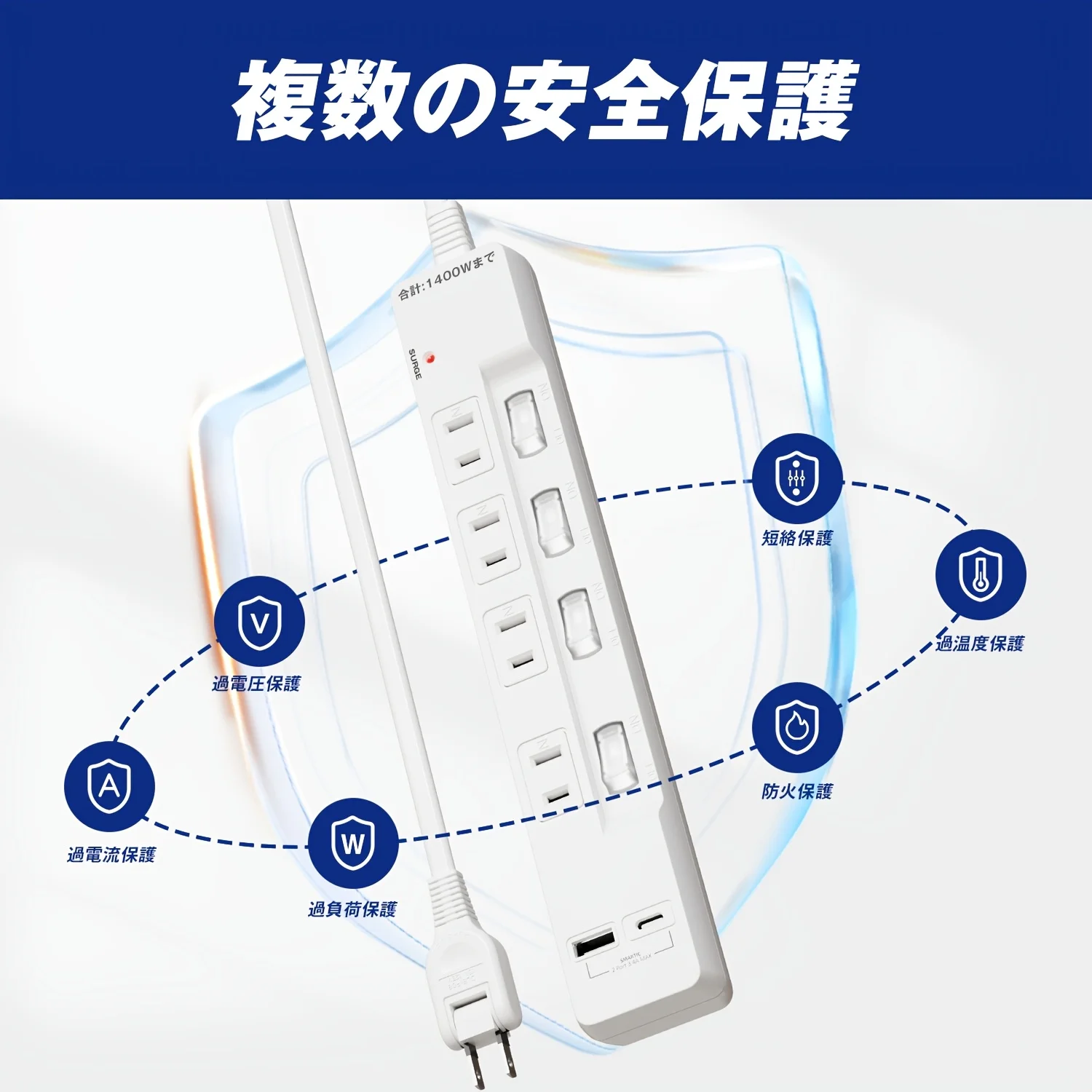 6-in-1 Surge Protection Power Strip with Independent Switches, White Appearance, with 4 Individually Controlled Ac Outlets, 2 USB Output Ports, Maximum Power 1400 Watts, Supports Simultaneous Use of Multiple Devices, Comes with a 1m/2m Extension Power Cord, Plug Can Be Rotated 180 Degrees ° Adjustable Angle, Fire-Resistant Material, Overload Protection, Surge Protection, with Wall Mounting Hole Design, Suitable for Bedroom/Living Room/Office.