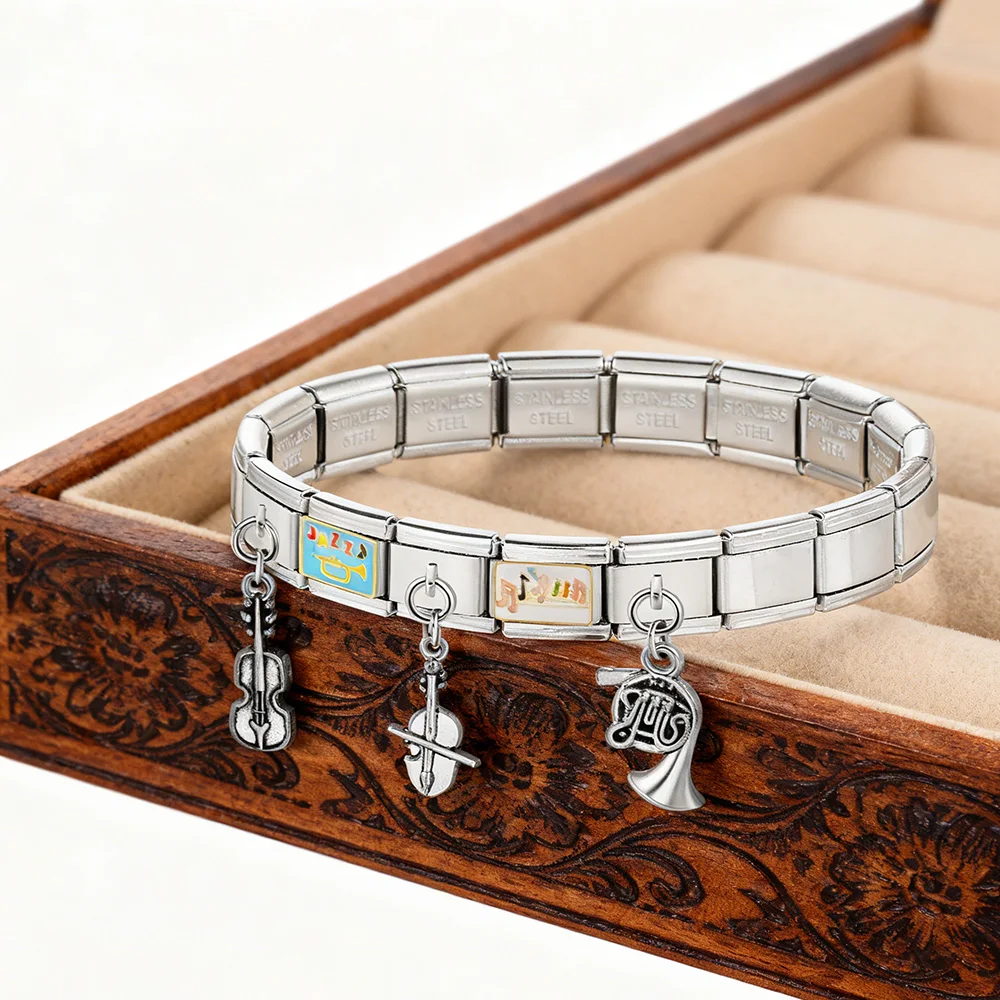 Mode-Schallplatten-, Gitarren-, Horn-, Saxophon-, Klavier-Anhänger passend für 9mm italienischen Edelstahl-Schmuck zur DIY-Armbandherstellung – Detail 4