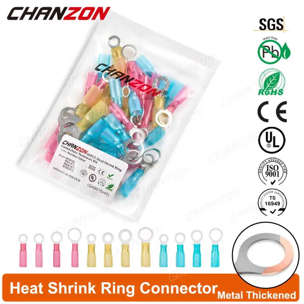 40PCS 16 Assortment Heat Shrink Crimp Ring Connectors Kit Red Blue Yellow Marine Electrical Wire Solder Terminals M5 M6 M8 M10