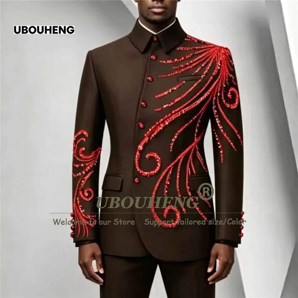 African Men Formal Suit Red Swirl Embroidery Rhinestone Blazer Stand Collar Jacket Pants 2 Piece Customized Tuxedo Wedding Guest