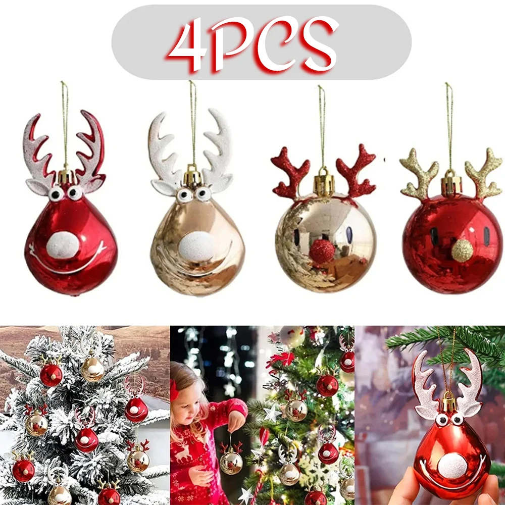 4 Stück Elch-Weihnachtskugeln aus Kunststoff, Weihnachtsbaum-Reindeer-Anhänger, Kugeldekoration für Zuhause, Party und Fest