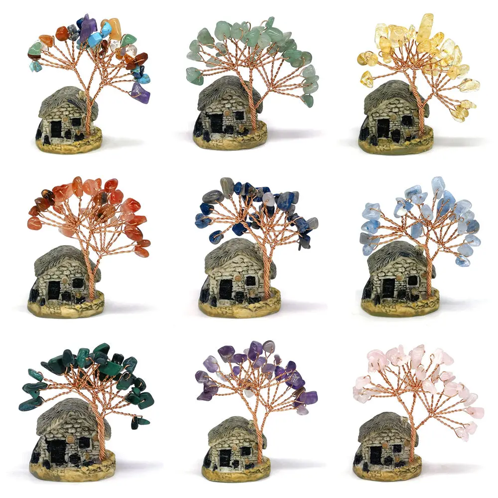 Árvore da Fortuna de Cristal Colorido com Base de Cobre e Pedras Naturais (Quartzo, Lápis-Lazúli) – Mini Árvores Feng Shui para Decoração de Casa