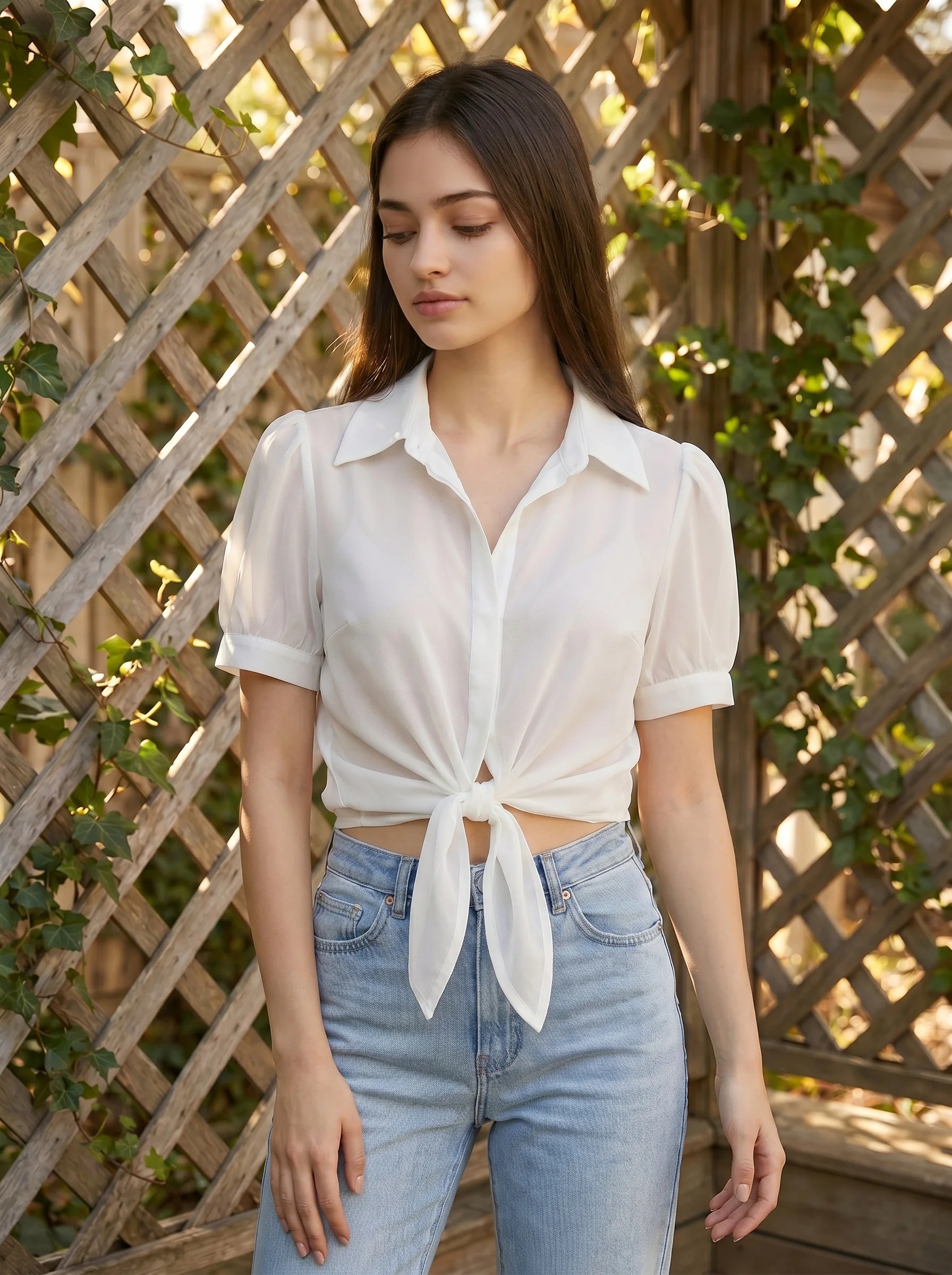 Women's Cropped Tie Front Blouse Puff Short Sleeve Button Up Collared Casual Shirt