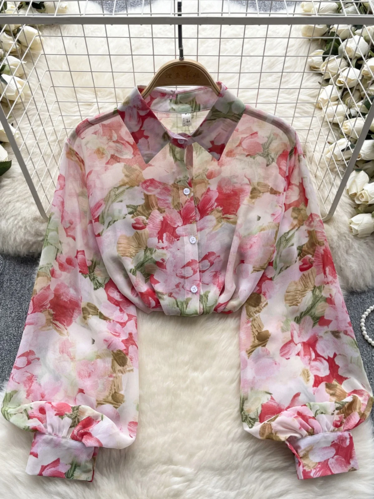 Primavera 2024 csa fena novo estilo design fino impro chiffon moda versátil topo na moda versão coreana manga longa...