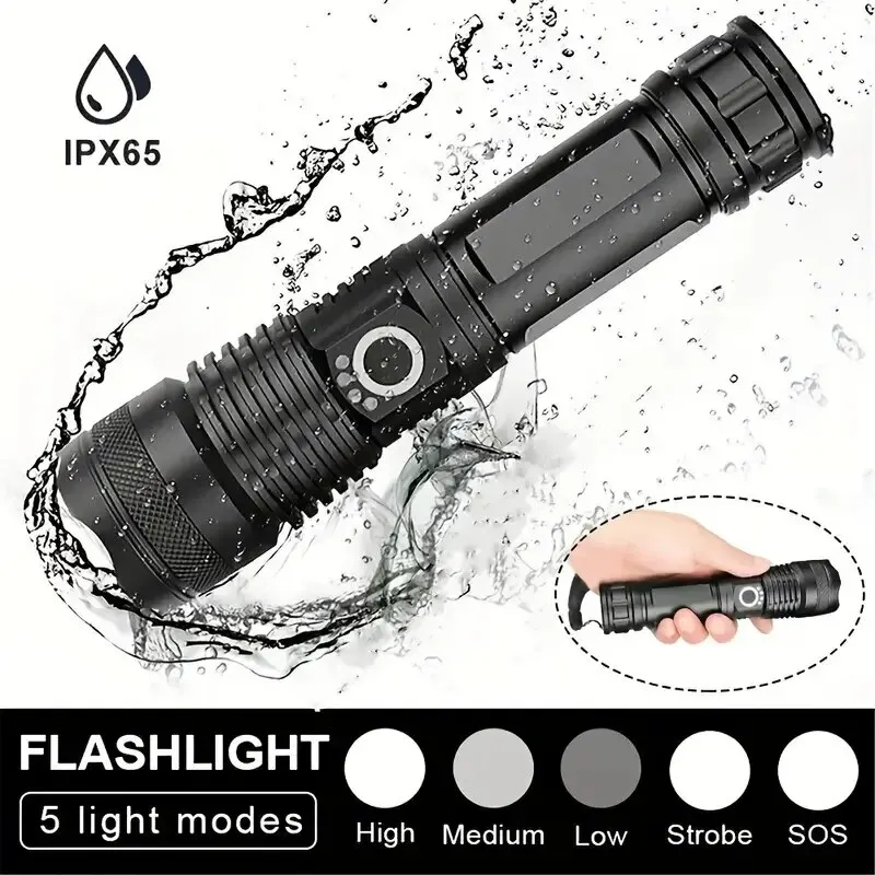 

Super Bright 90000 Lumens XHP70 LED Flashlight, USB Rechargeable, Waterproof, 5 Modes, Zoomable Outdoor Torch Battery Included