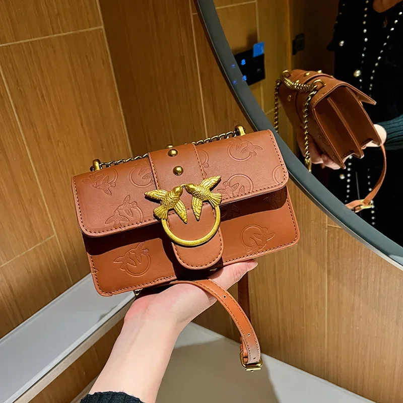 

High-End Embossed Small Square Swallow Bag for Women - Fashionable Metal Chain, One-Shoulder Underarm Style