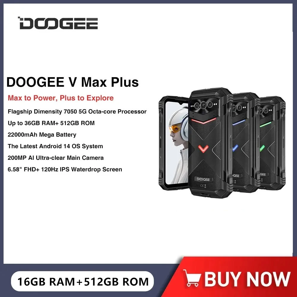 DOOGEE V Max Plus Rugged 5G Smartphones 6.58Inch Octa Core 36GB+512GB Android 14 Mobile Phone 200MP 22000mAh 33W Fast Charge NFC