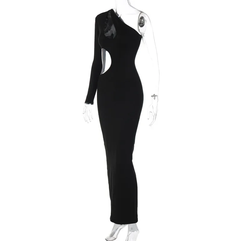 One Shoulder Sexy Hollow Out Party Club Maxi Split Dresses Outfits for Women Spring Summer Long Sleeve Backless Dress Vestido