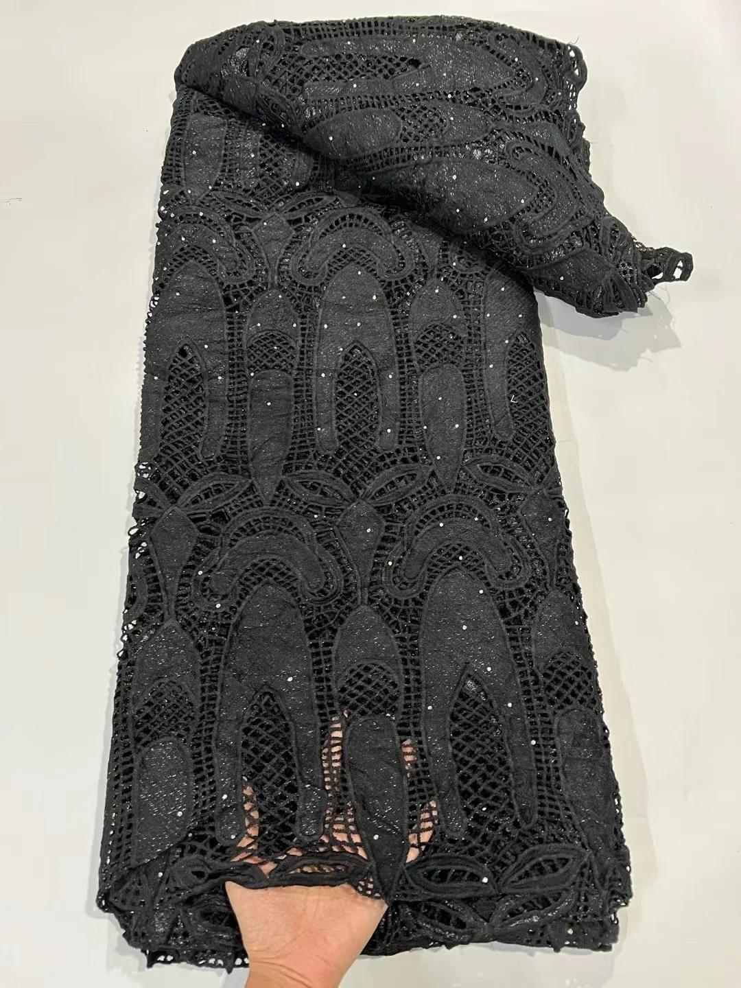 

2023 High Quality Black Milk Silk Stone SequinFrench Net African Tulle Mesh Lace Fabric For Dress 5 Yards/Lot