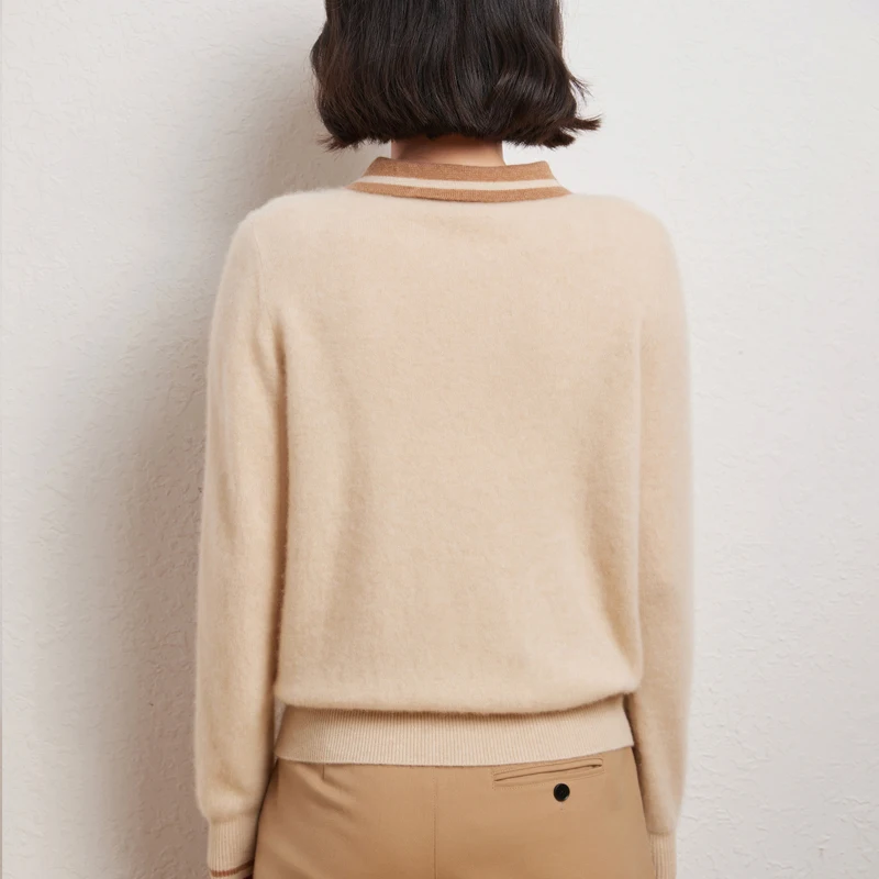 Women's Contrast Color Polo Collar Pullover 30% Cashmere 70% Wool Sweater Autumn Winter Cashmere  Bottoming Clothing Soft Top