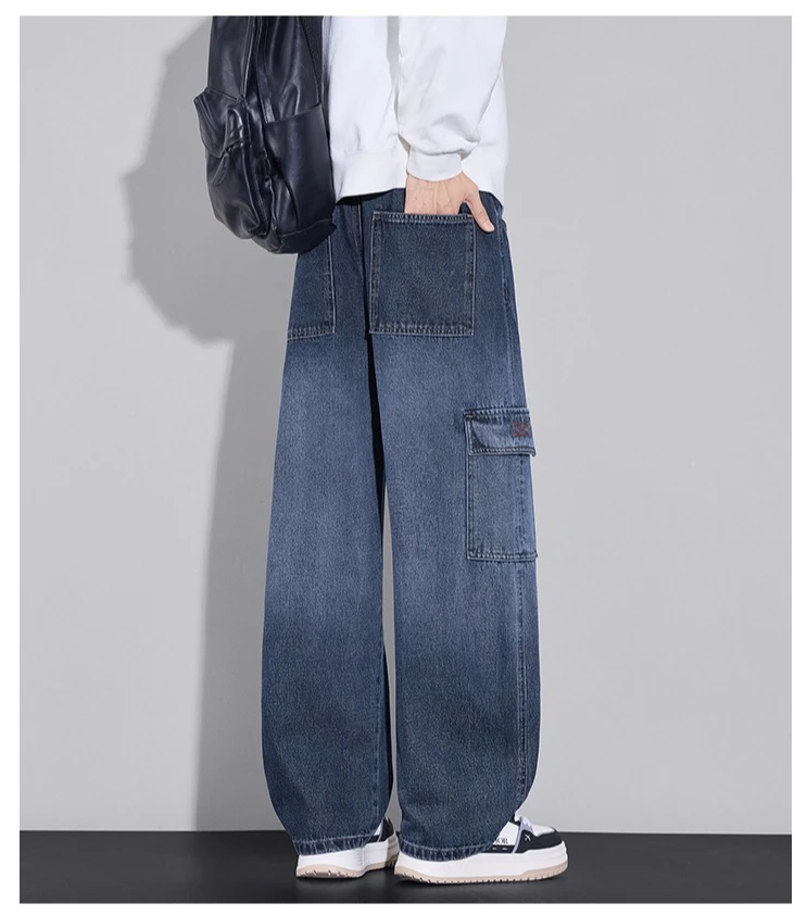 Men Wide Leg Cargo Denim Pants Drawstring Elastic Waist Multi Side Pockets Loose Baggy Jeans Street Style Casual Daily Trousers