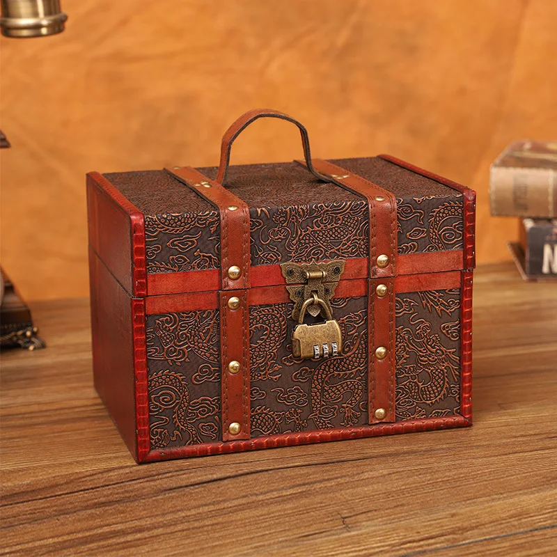 Retro Wooden Jewelry Box Antique Storage Treasure Chest with Lock Medieval Vintage Suitcase Necklaces Organizer Antique Gift Box