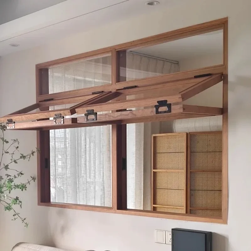Hover cream wind window solid wood up and down push and pull up folding window kitchen living room background wood frame antique