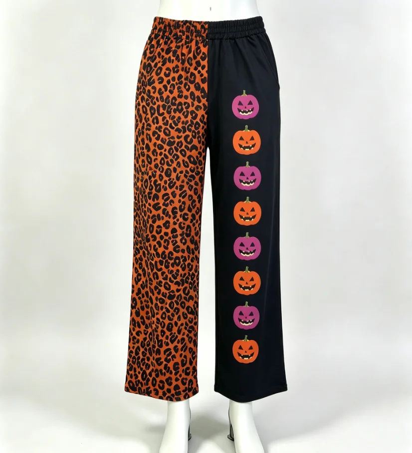 Wholesale Adult Girls Trousers Halloween Pumpkins Clothing Women Girl Leopard Trousers Adjustable Comfortable Pockets Pants