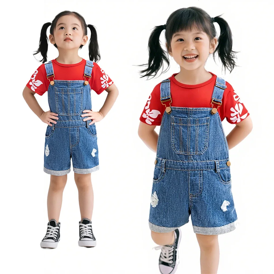 

Disney Stitch Same Style Clothing Girls Denim Overalls Suit Summer Two-piece Short-sleeved T-shirt Shorts Set Daily Clothing