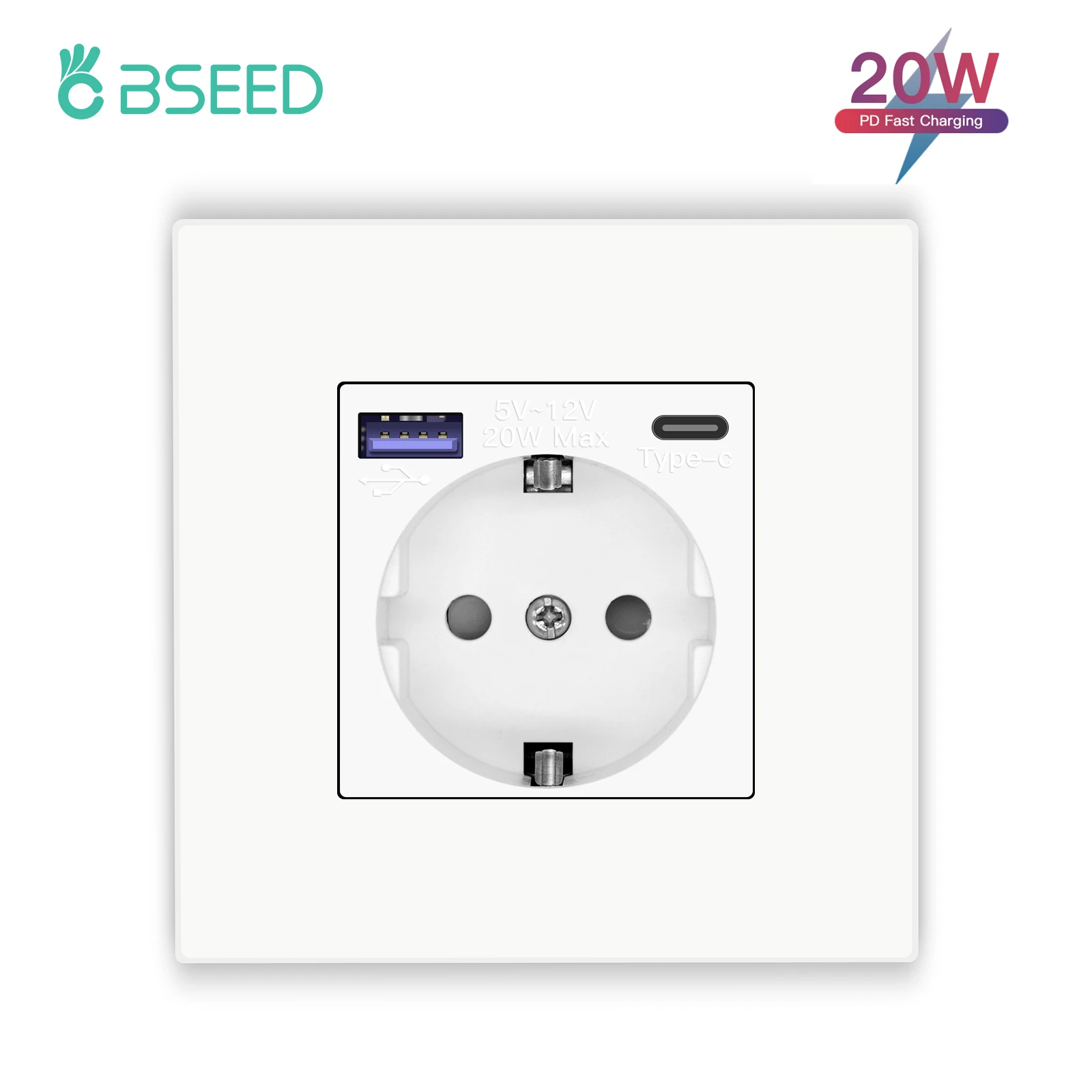 BSEED Single Wall Socket USB Type-C Fast Phone Charge Port Socket 20W Triple Power Plugs Plastic Panel Four Frame Outlets