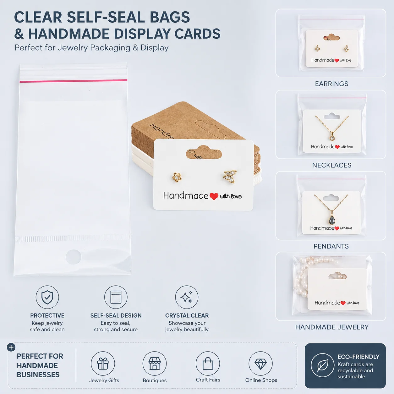 100 Stück Ohrringe Kraftpapierkarten und selbstklebende Beutel-Set mit transparenten OPP-Aufbewahrungsbeuteln zum Präsentieren von Ohrringen und Schmuck – Detail 5