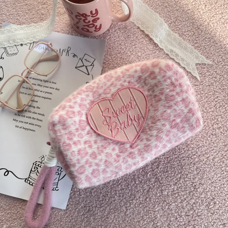Pink Leopard Heart Embroidery Cosmetic Bags for Women Winter New Box Shape Zipper Bag Large Capacity Easy Carrying Storage Bag